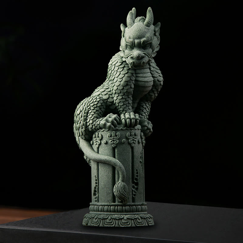 Feng Shui Dragon Sandstone Statue single qilin on column, traditional setting with ornate roof, majestic