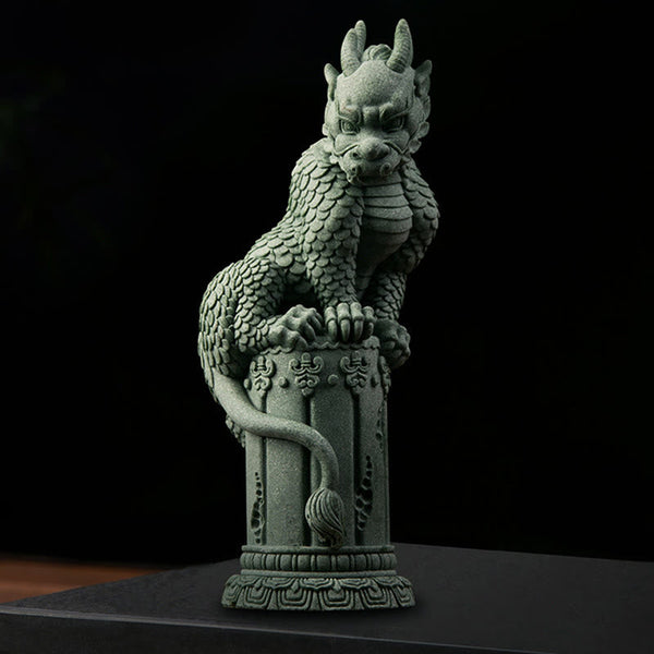 Feng Shui Dragon Sandstone Statue single qilin on column, traditional setting with ornate roof, majestic