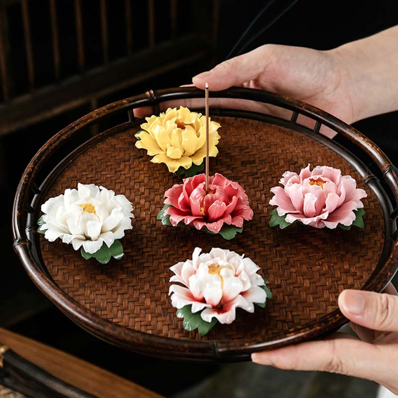 Ceramic Lotus Incense Burner – Five peony colors on rattan tray, Blessing