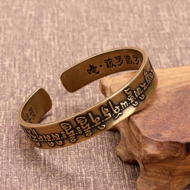Om Mani Padme Hum Dragon Phoenix Bracelet - Engraved Sanskrit and Chinese Buddhist brass cuff on wood, Tranquility