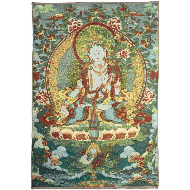 Tibetan Embroidery White Tara Thangka Tapestry – bohemian room, rattan chair brass vase, serene interior