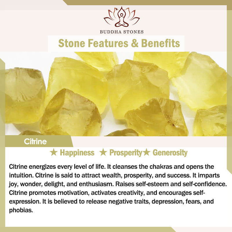 Natural Citrine PiXiu Wealth Bracelet – raw natural citrine crystal specimens showing golden-yellow translucent stone with characteristic inclusions, educational material reference for Buddha Stones brand featuring happiness prosperity and generosity attributes