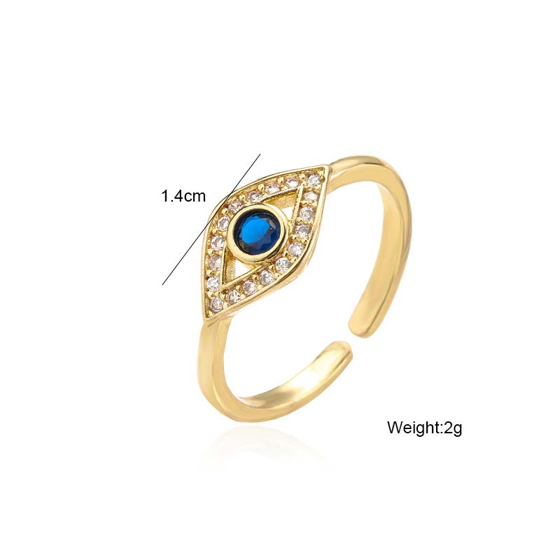 Evil Eye Copper Ring – Gold evil eye ring with blue cabochon, crystal pave, 1.4cm 2g adjustable