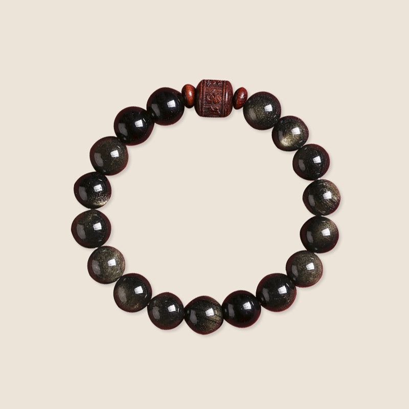 Gold Sheen & Rainbow Obsidian Fu Bracelet – top-down view on beige, gold-sheen obsidian beads