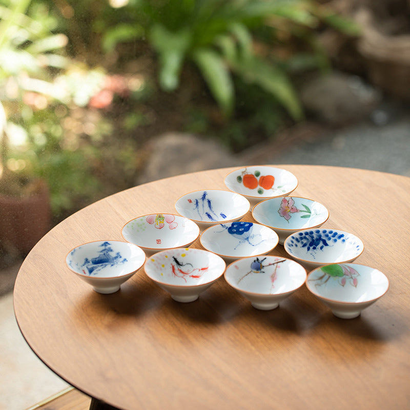 Mandala Koi Teacup – Front view of 50ml cup with mandala koi lotus bird design, ceramic tea cup