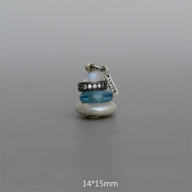 Zen Cairn Crystal Pendant – iridescent bead black crystal ring blue glass pearl stack, 14x15mm charm