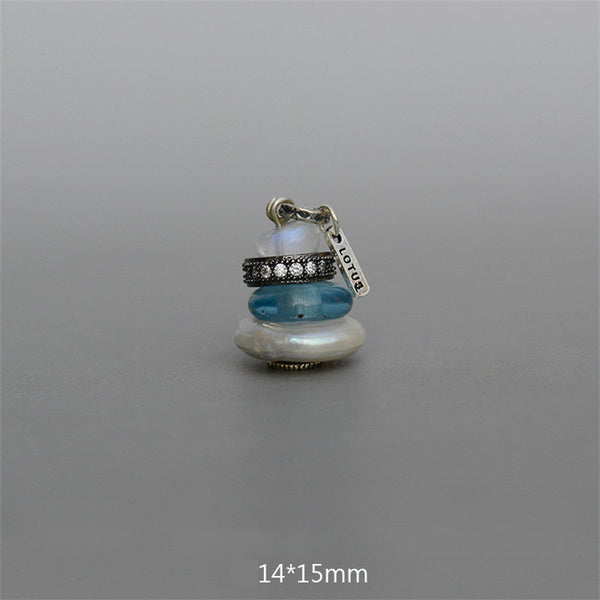 Zen Cairn Crystal Pendant – iridescent bead black crystal ring blue glass pearl stack, 14x15mm charm