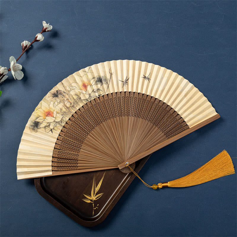 Lotus Dragonfly Wild Geese Silk Bamboo Folding Fan - ink wash wild geese over misty mountains, brown tassel
