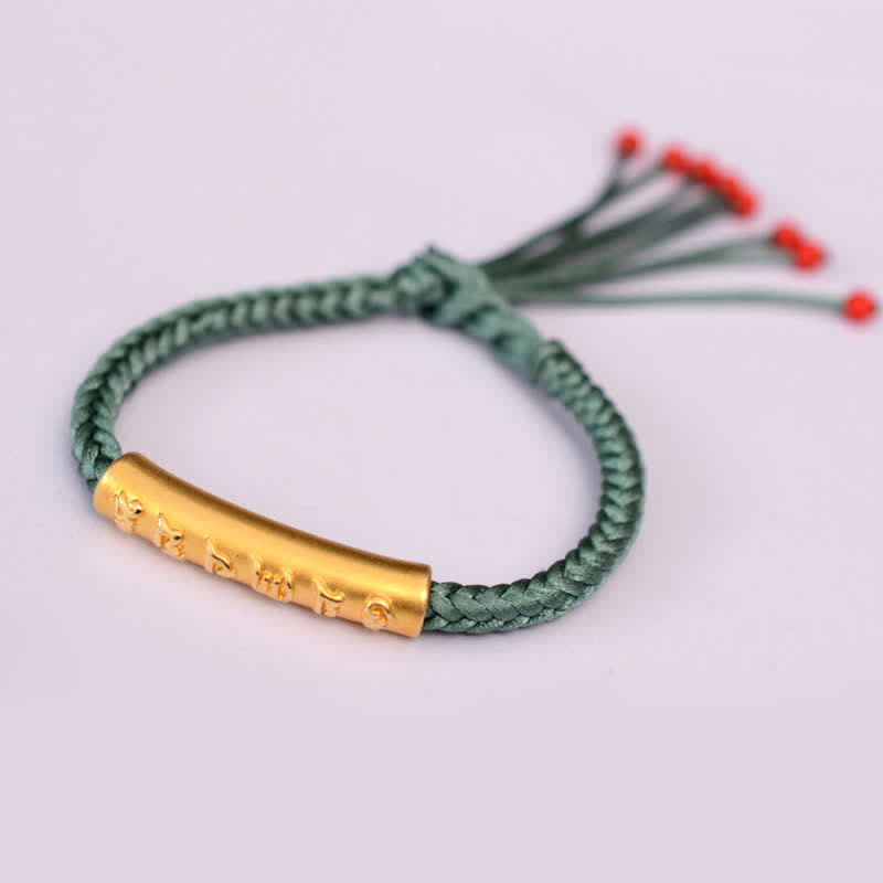 Om Mani Padme Hum Red String Bracelet – Sage green cord with gold mantra bead, mindful jewelry