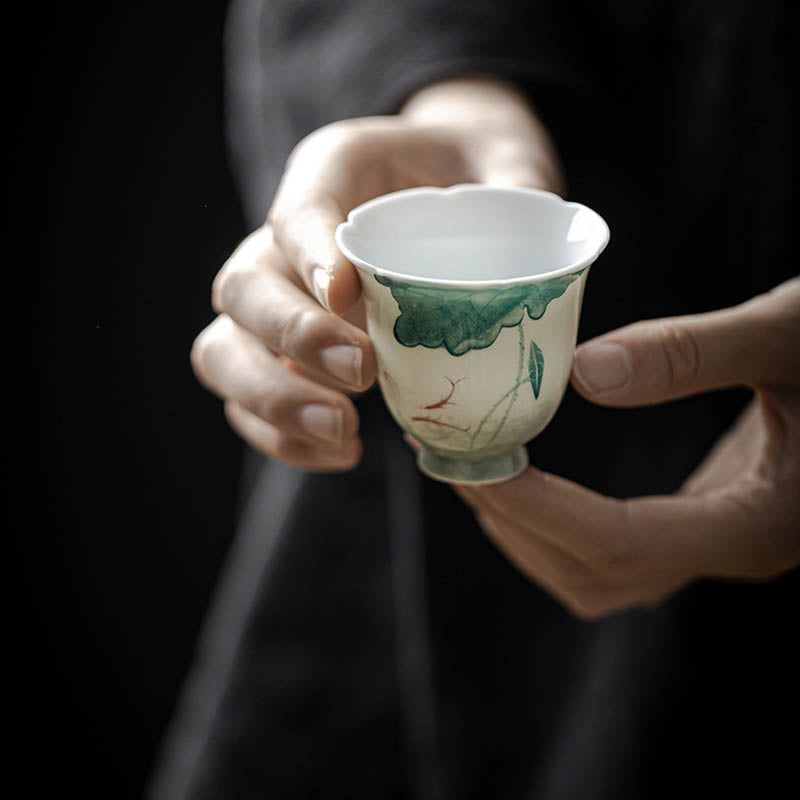 Koi Lotus Teacup – Back view of continuous lotus leaf wrap pattern