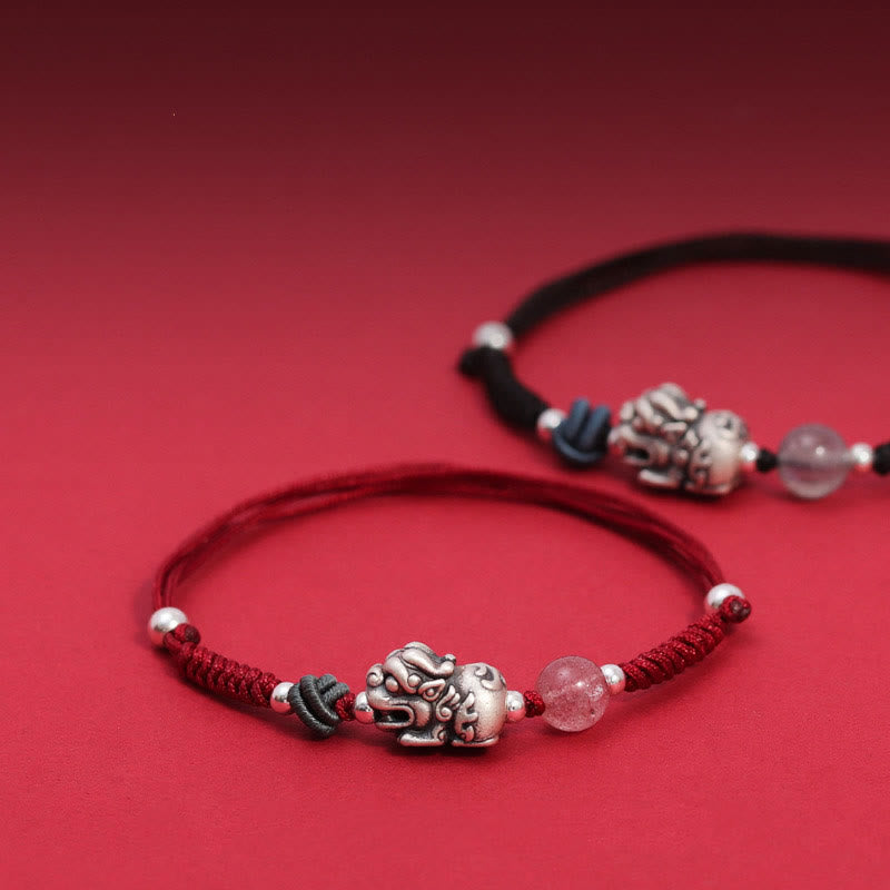 Silver PiXiu Strawberry Quartz Bracelet – Red black braided cords with PiXiu on red background