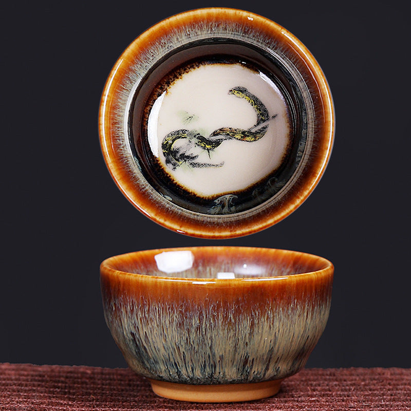 12 Zodiac Jian Zhan Teacup - Goat zodiac with ink-wash ram and red floral accents, traditional artist seal mark, dual view