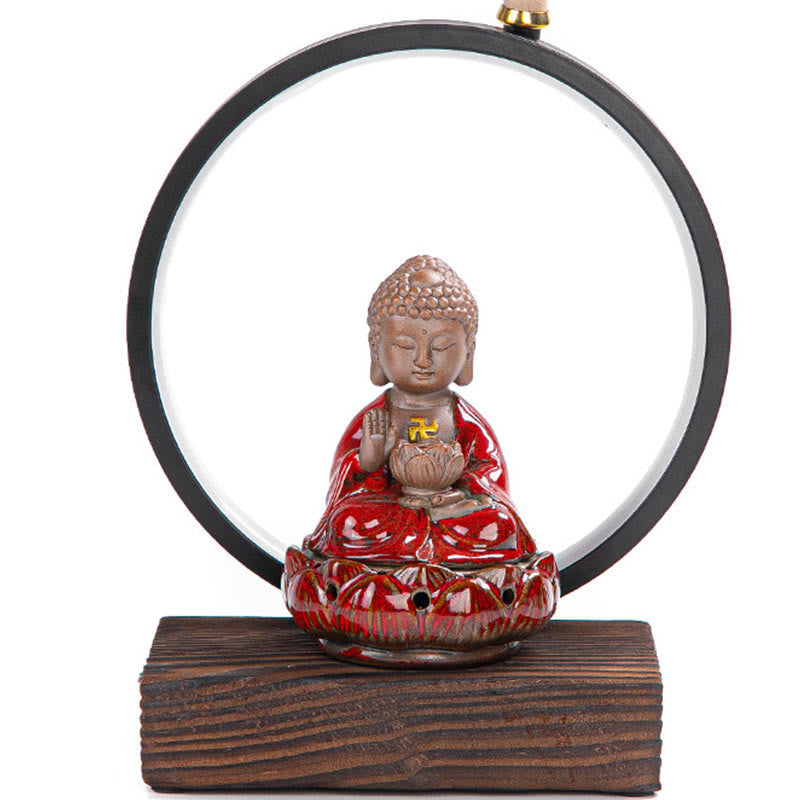 Buddha Backflow Incense Burner LED ring lit on white background, full front view with crackle glaze detail