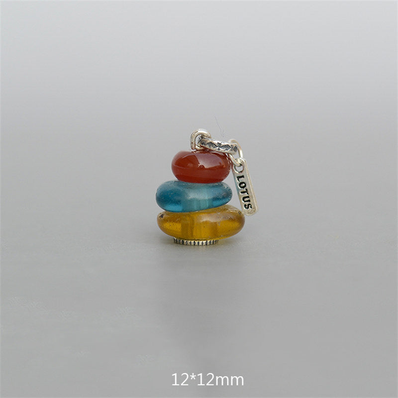 Zen Cairn Crystal Pendant – amber turquoise carnelian stacked beads with LOTUS tag, 12x12mm pendant