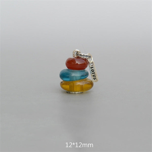 Zen Cairn Crystal Pendant – amber turquoise carnelian stacked beads with LOTUS tag, 12x12mm pendant