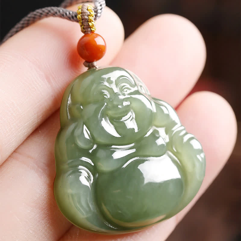 Hetian Jade Laughing Buddha Abundance String Necklace Pendant – palm warm luster comfortable size, wearable jade amulet