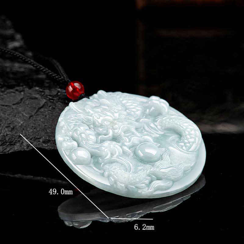 Chinese Zodiac Dragon Jade Amulet Necklace - angled view showing jade dragon carving depth, 49mm disc