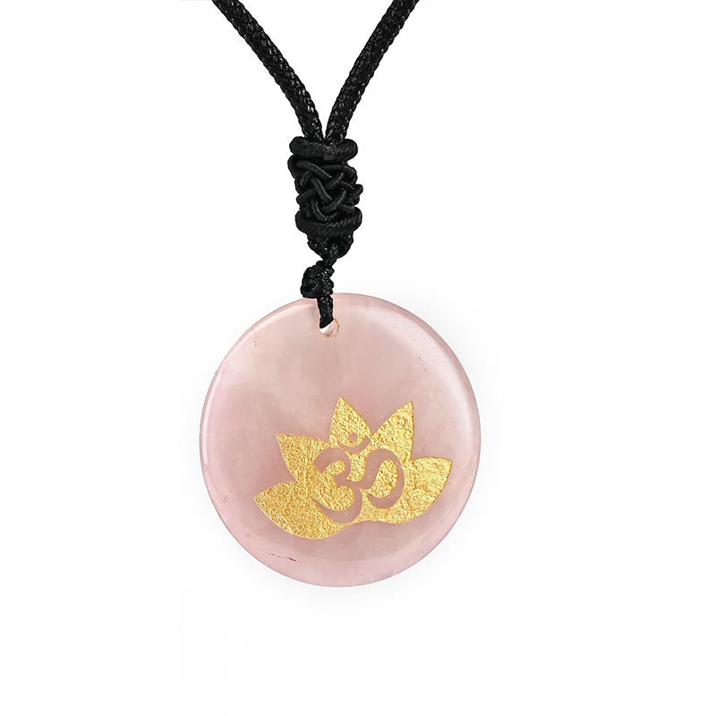 OM Lotus Amethyst Tiger Eye Pendant - blush rose quartz disc with gold lotus Om, heart chakra healing necklace