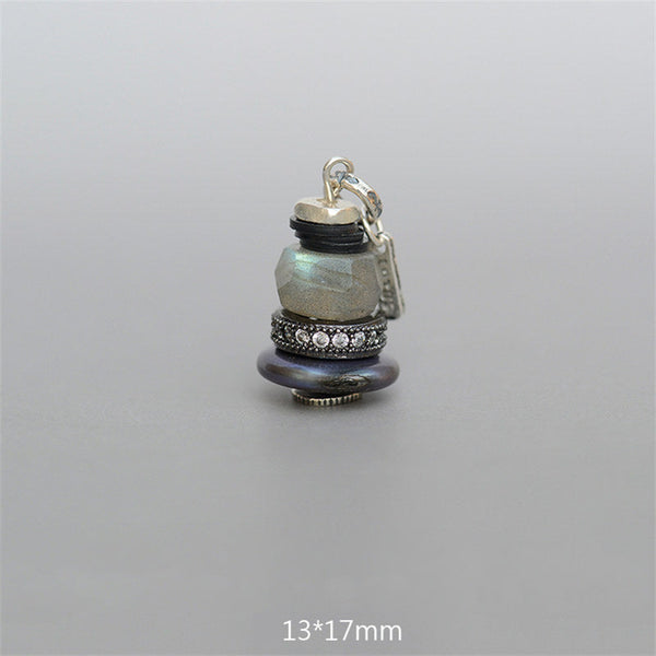 Zen Cairn Crystal Pendant – labradorite stone with crystal ring and dark pearl, silver charm pendant