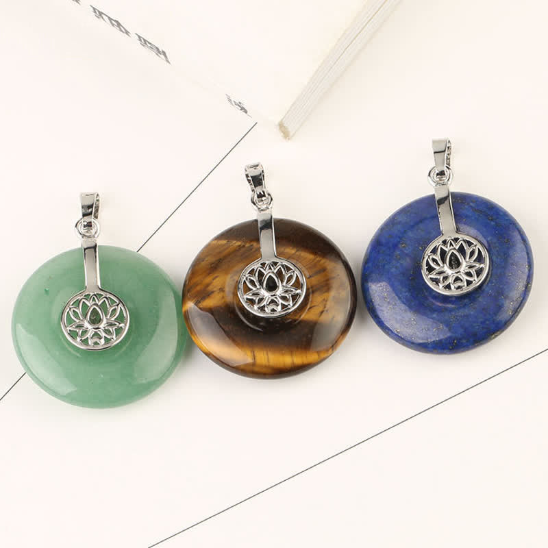 Crystal Amethyst Pink Crystal Lotus Necklace – Green aventurine, tiger eye and lapis lazuli lotus donut pendants side by side, gemstone variety