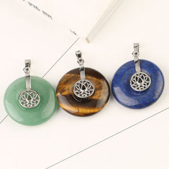 Crystal Amethyst Pink Crystal Lotus Necklace – Green aventurine, tiger eye and lapis lazuli lotus donut pendants side by side, gemstone variety