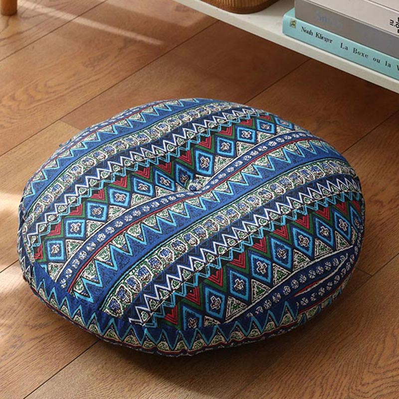 Lotus Linen Meditation Cushion – Royal blue ethnic geometric band pattern, boho decor