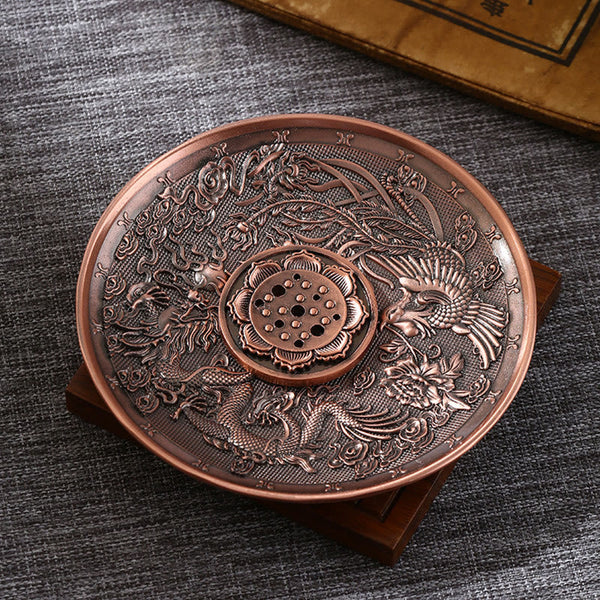 Copper Dragon Phoenix Incense Burner – detailed dragon-phoenix carving, auspicious