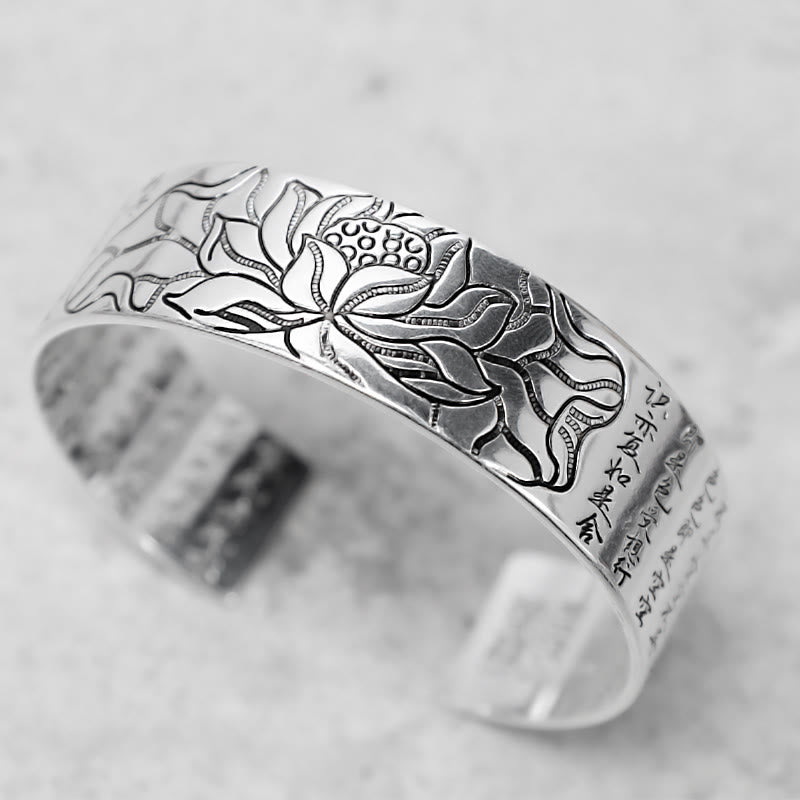 Tibetan Lotus White Copper Luck Bracelet - Silver cuff with lotus petals and Chinese calligraphy, Spiritual wisdom