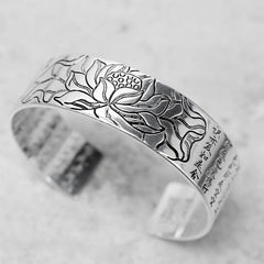 Tibetan Lotus White Copper Luck Bracelet - Silver cuff with lotus petals and Chinese calligraphy, Spiritual wisdom