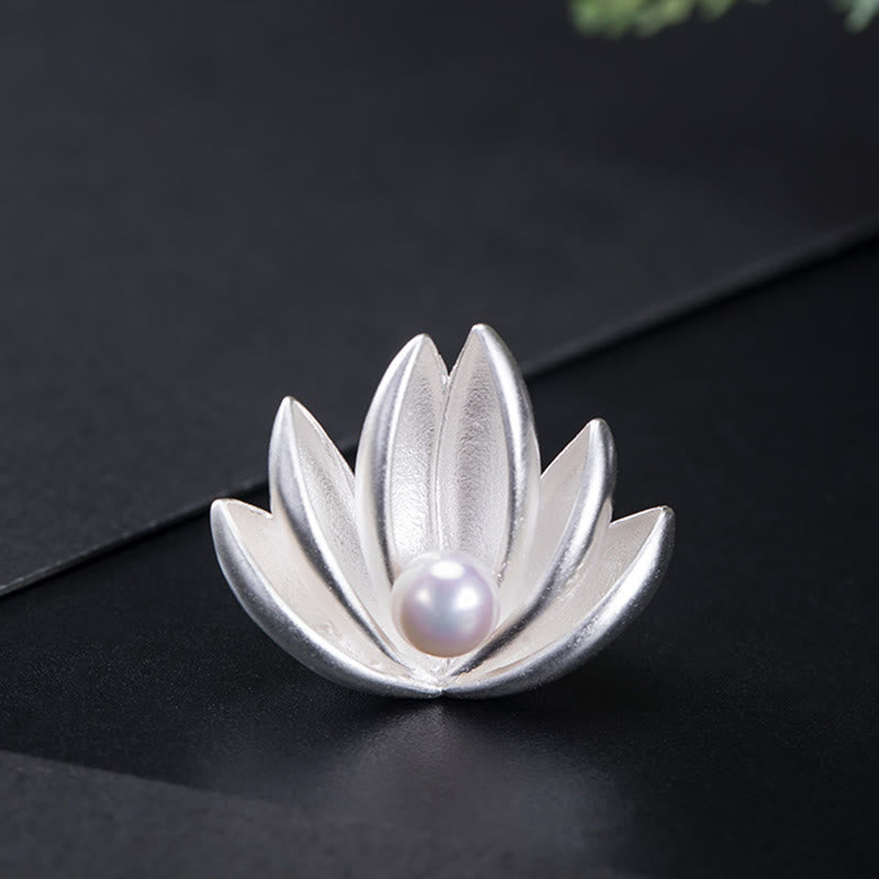 Silver Lotus Pearl Brooch – Brushed silver petals with iridescent pearl, Timeless elegance