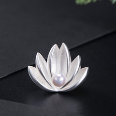 Silver Lotus Pearl Brooch – Brushed silver petals with iridescent pearl, Timeless elegance
