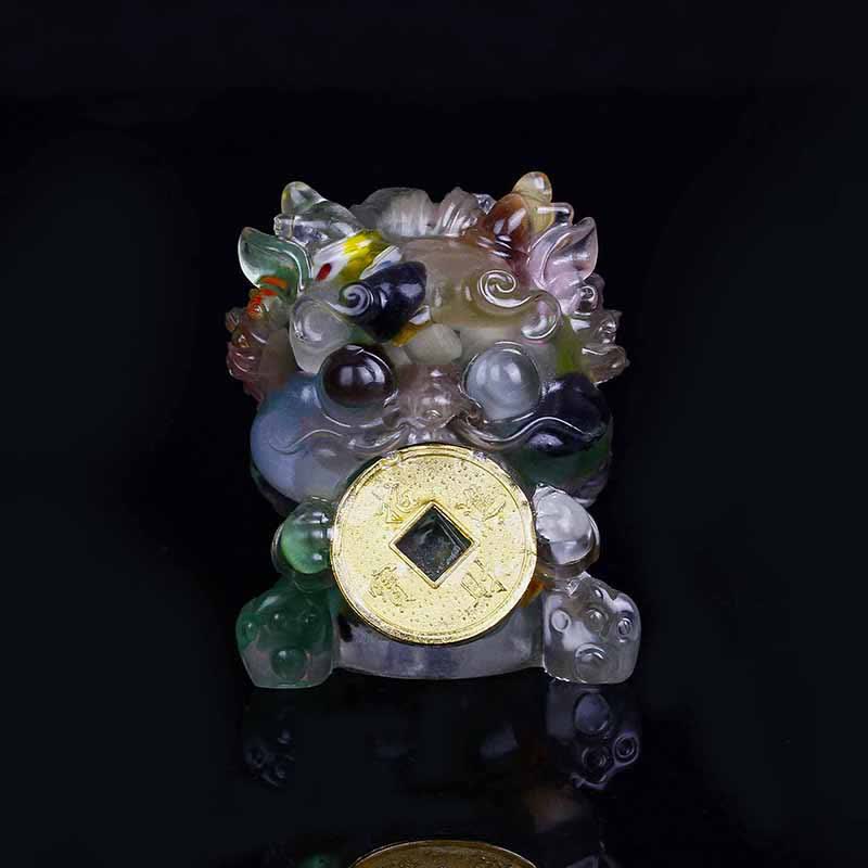 Handmade PiXiu Crystal – Multi-color rainbow crystal front view on black, luck decor