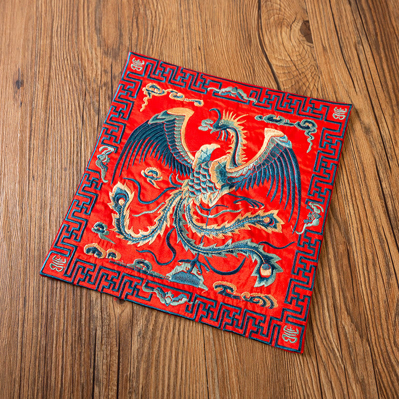 Phoenix Dragon Kirin Embroidery Tea Cup Mat - Crimson base blue phoenix double happiness, Wedding Blessing