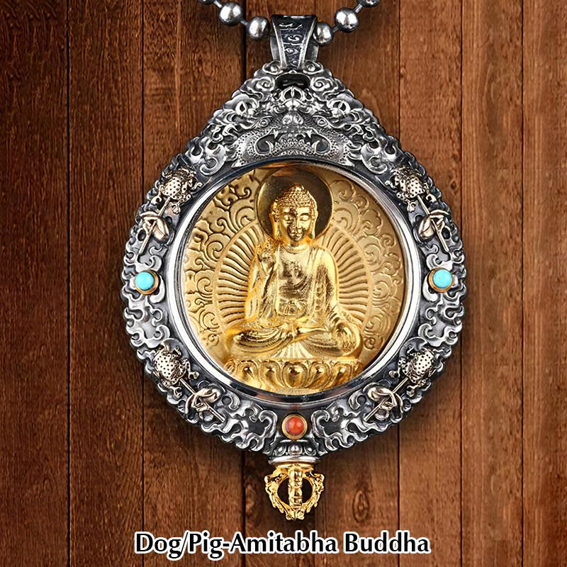 Zodiac Buddha Thangka Wealth Rotatable Pendant – Dog Pig Amitabha Buddha front view on wood, compassion