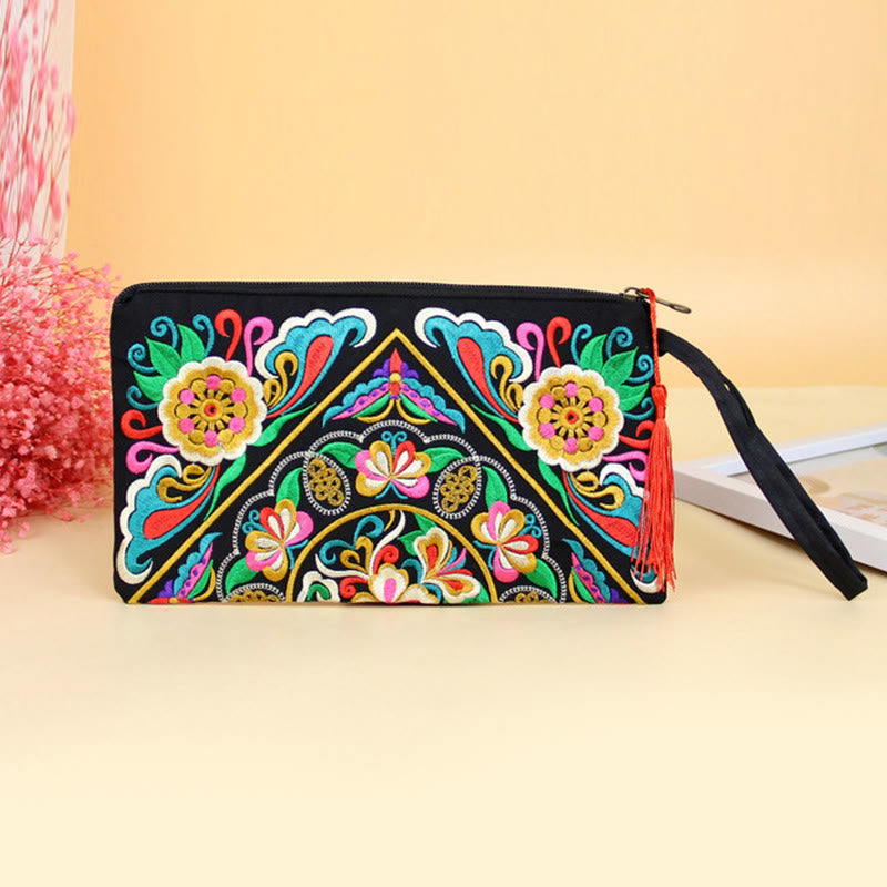 Dragon Butterfly Embroidery Wallet - Frontal symmetrical floral embroidery, red tassel, Elegant