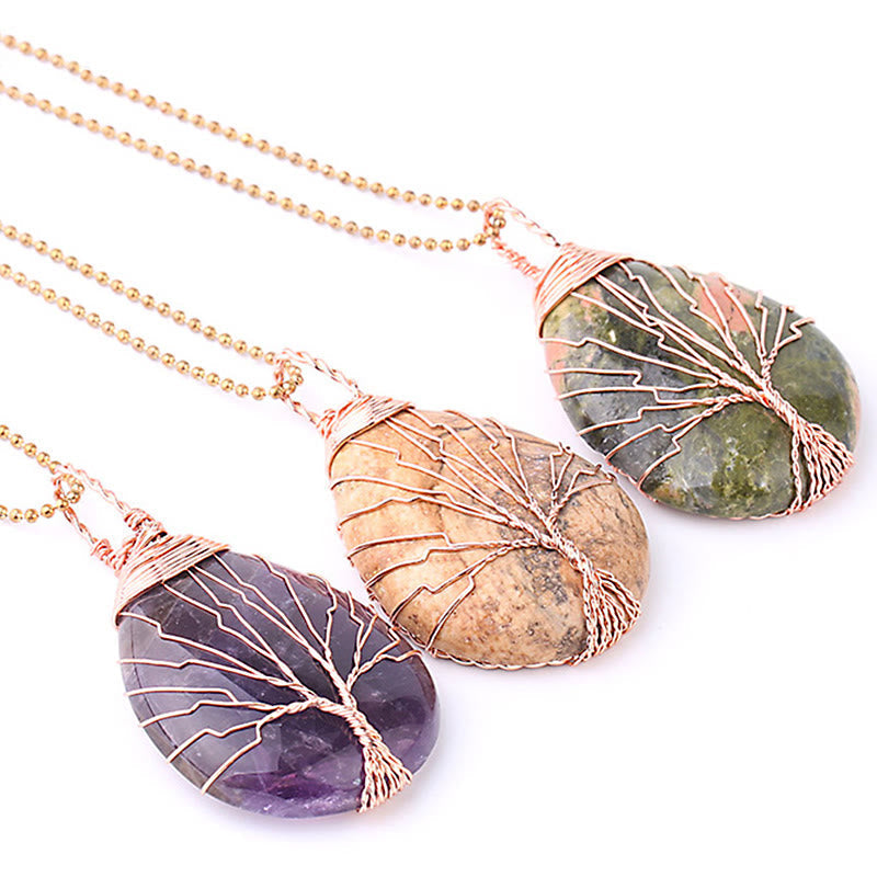 Quartz Crystal Tree of Life Necklace – three pendants diagonal, amethyst jasper green, rose gold, crystal set