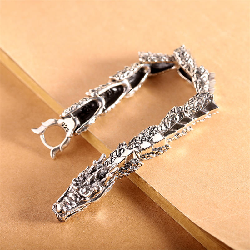 Sterling Silver Dragon Bangle - Articulated dragon scale links with 925 hallmark, fine craftsmanship