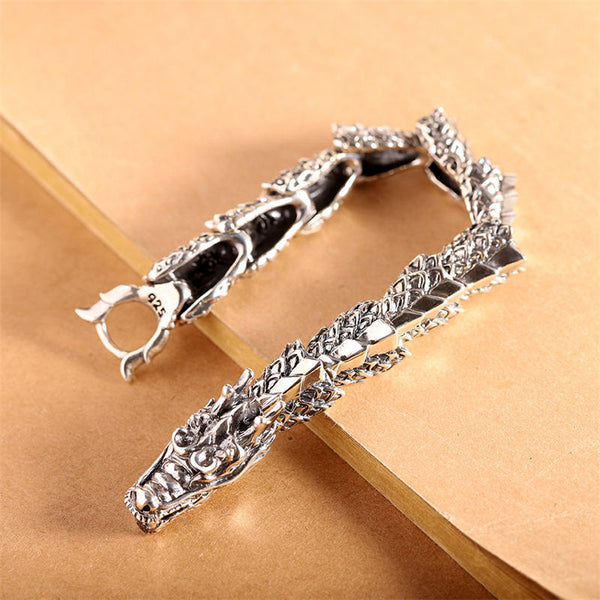 Sterling Silver Dragon Bangle - Articulated dragon scale links with 925 hallmark, fine craftsmanship