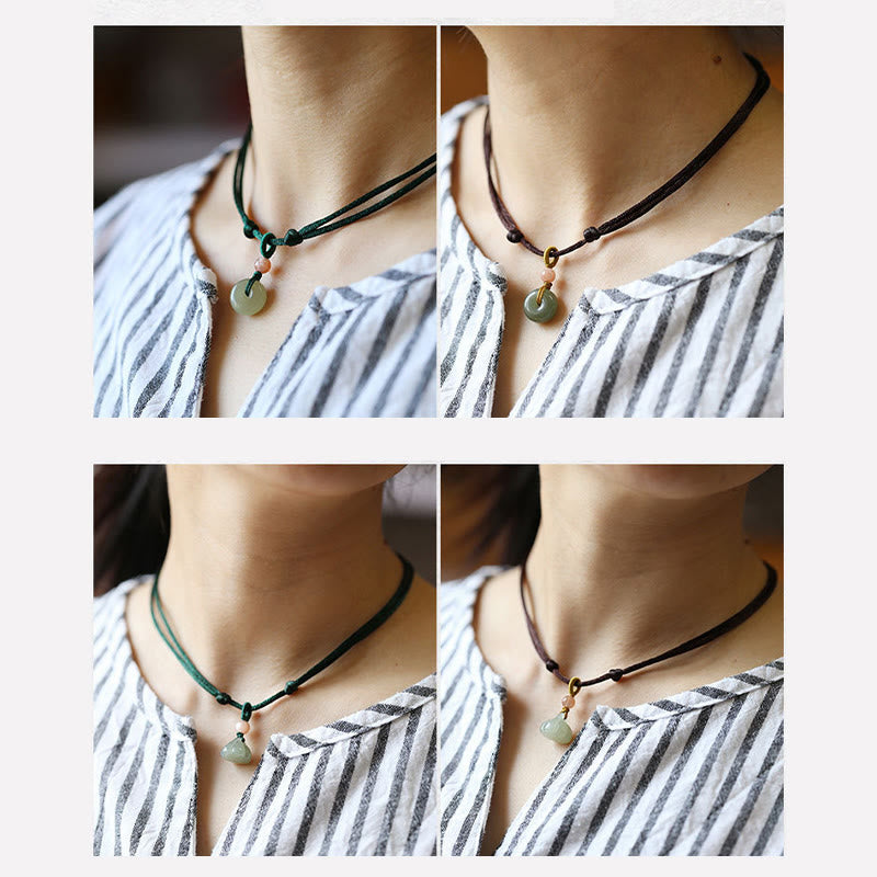 Jade Peace Buckle Lotus Necklace – Four-panel grid of gourd jade pendant in green and brown cord worn on model, jade necklace