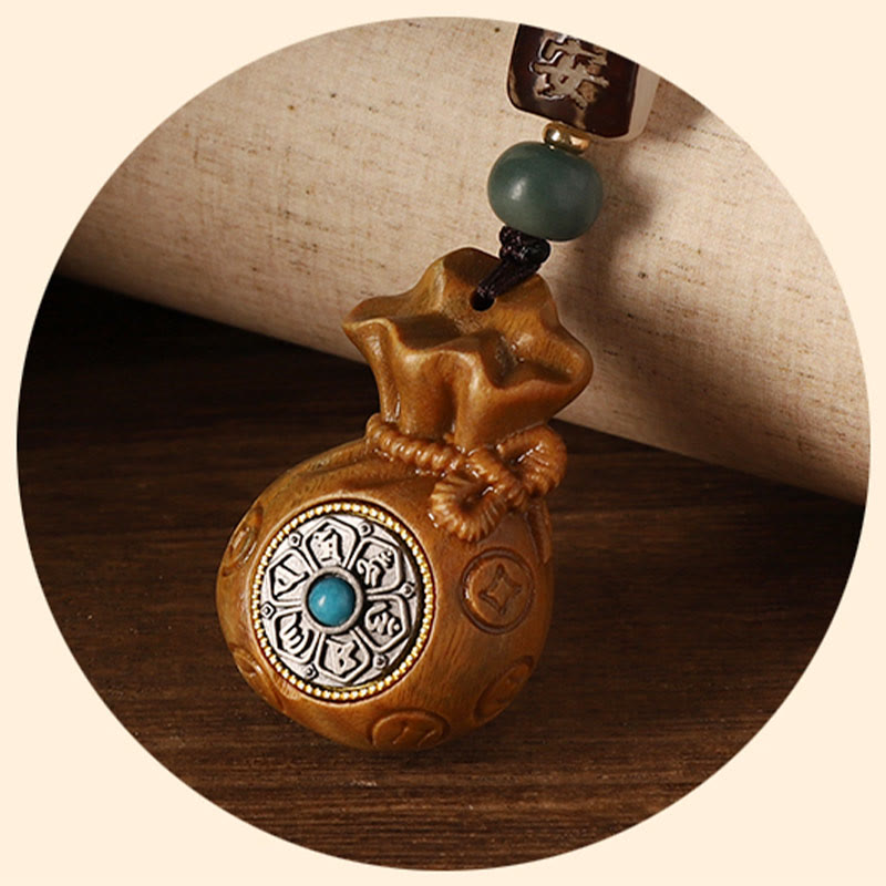 Sandalwood Money Bag Mantra Hanging - Light wood bag in circular crop, wooden talisman