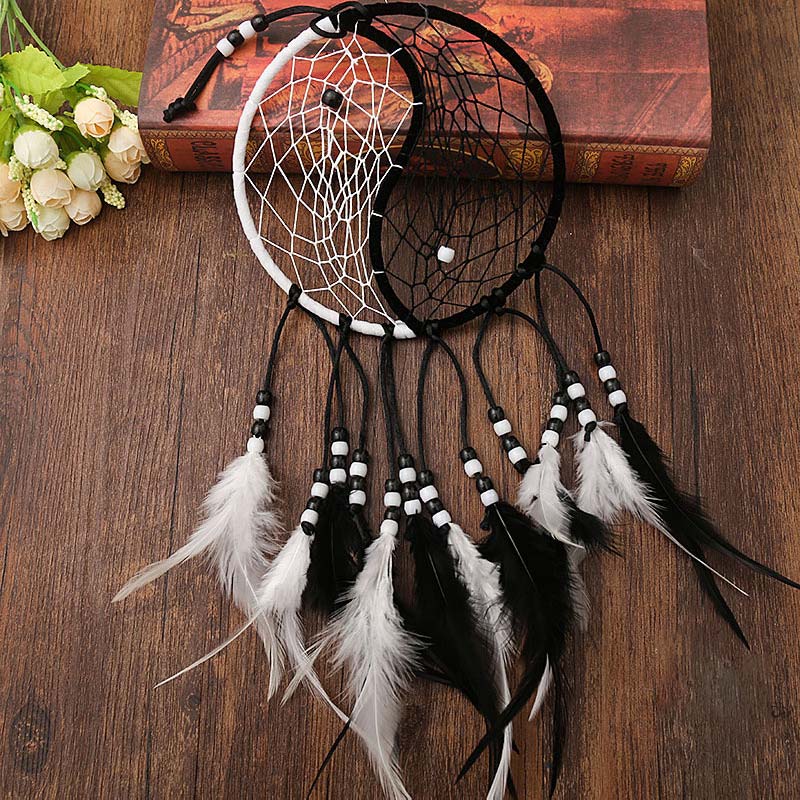 Yin Yang Dream Catcher with Feathers – On wood with vintage book and roses props, boho decor