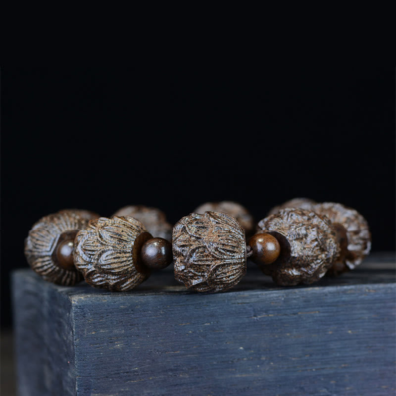 Ebony Wood Eighteen Arhats Lotus Dragon Bracelet - Barrel beads with Arhat dragon motifs, Heritage Craft