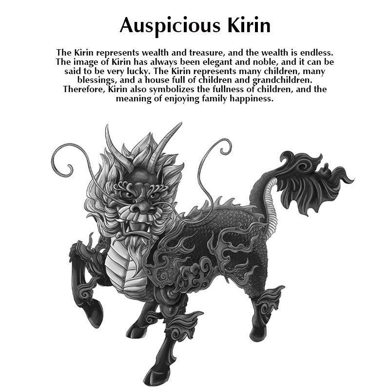 Jade Kirin Art – Grayscale kirin illustration with text explaining prosperity symbolism, cultural jade design