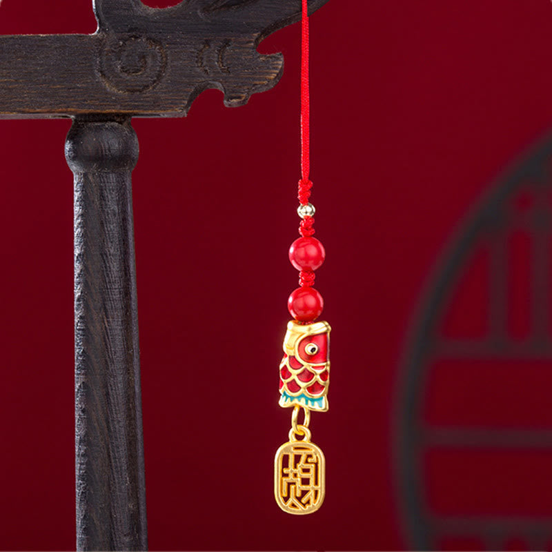 Koi Fish Cinnabar Ruyi Phone Charm – red cinnabar double koi design with ruyi cloud accent, phone hanging decor