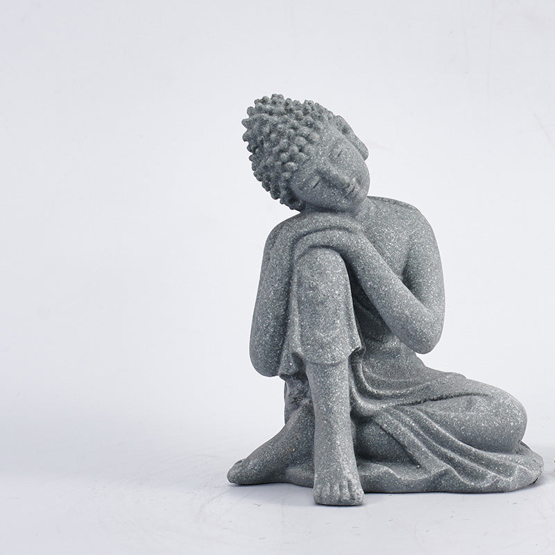 Sitting Meditation Buddha Sandstone Statue – resting pose three-quarter, knee up, sandstone craft