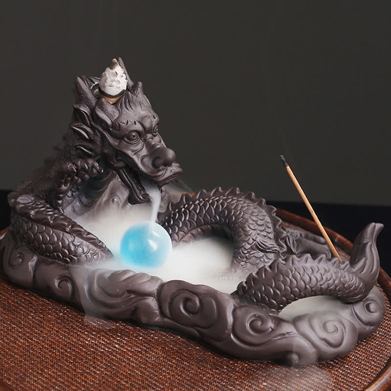Dragon Backflow Incense - side profile smoke waterfall, cone and stick, zen atmosphere