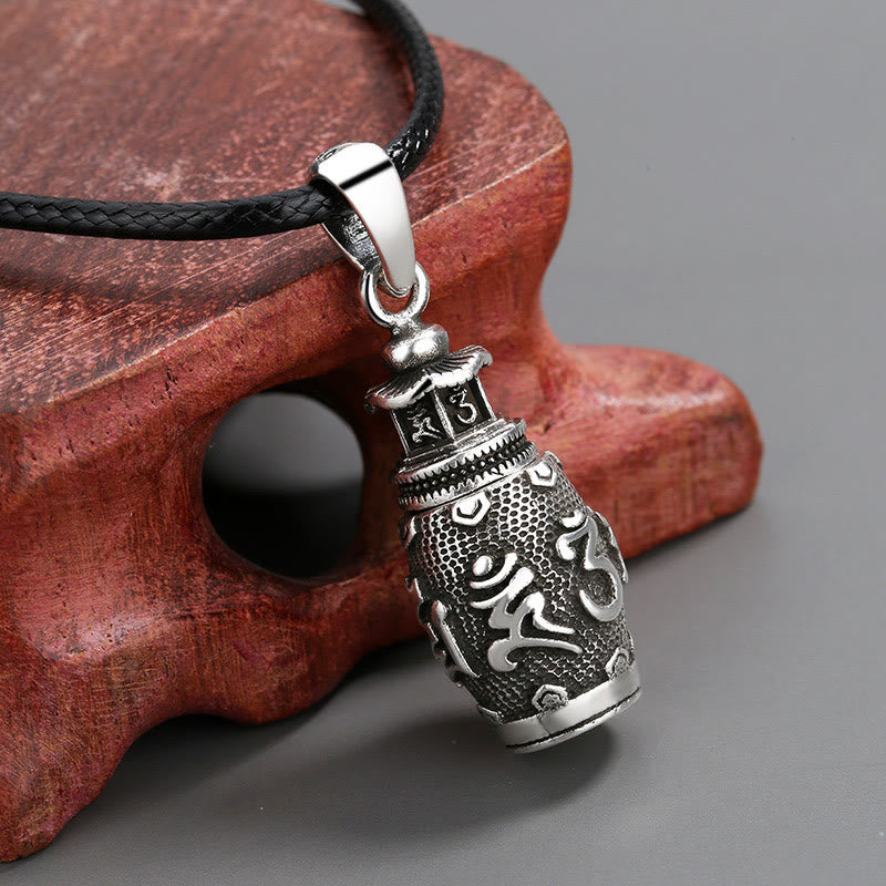 Om Mani Padme Hum Copper Pendant Necklace – Prayer wheel on carved wood stand, meditation pendant