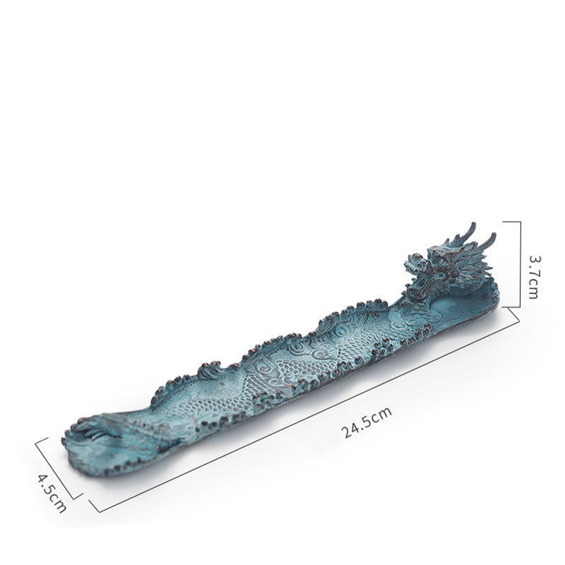 Dragon Alloy Incense Burner - Turquoise dragon holder with size specs on white, protective