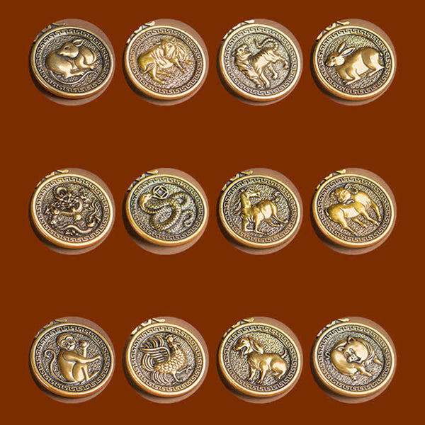 12 Chinese Zodiac Fortune Necklace Pendant – Complete set of twelve Chinese zodiac medallion pendants in 3x4 grid, antique gold brass with animal reliefs, Rat Ox Tiger Rabbit Dragon Snake Horse Goat Monkey Rooster Dog Pig, Greek key borders, rust background, zodiac collectible
