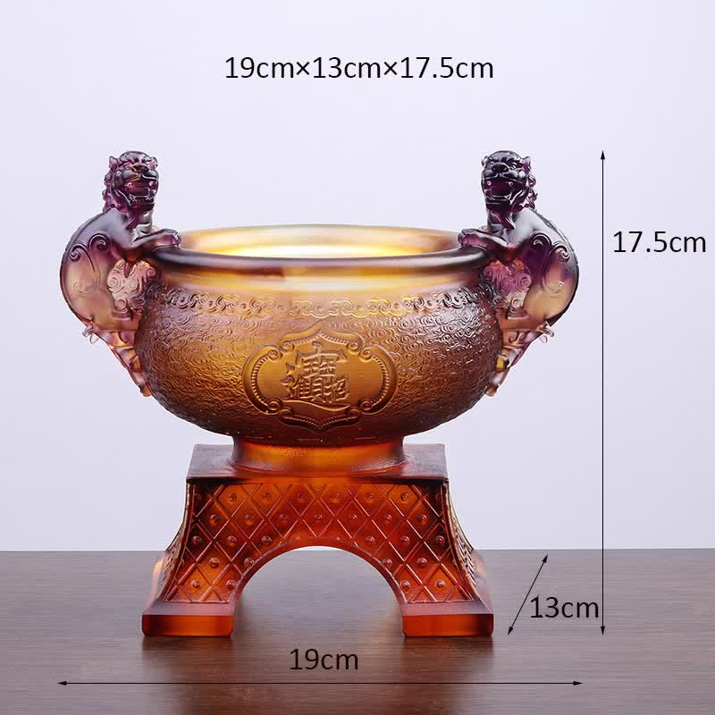 Liuli Crystal PiXiu Bowl – Purple-amber liuli bowl with size measurement markings displayed